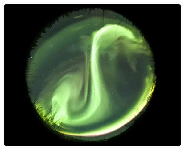 Fish-eye lens view of a bright aurora borealis, Yukon, Canada