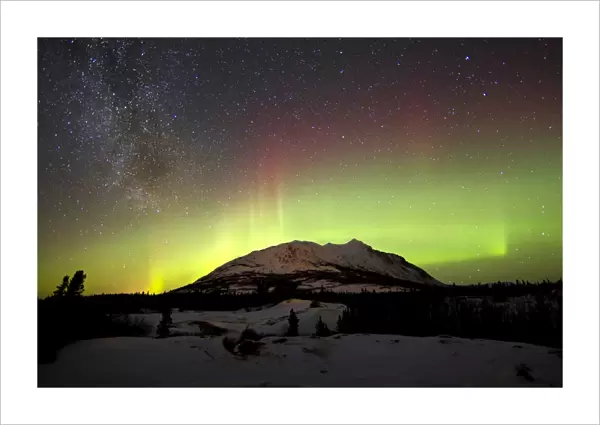 Aurora borealis and Milky Way over Carcross Desert, Canada