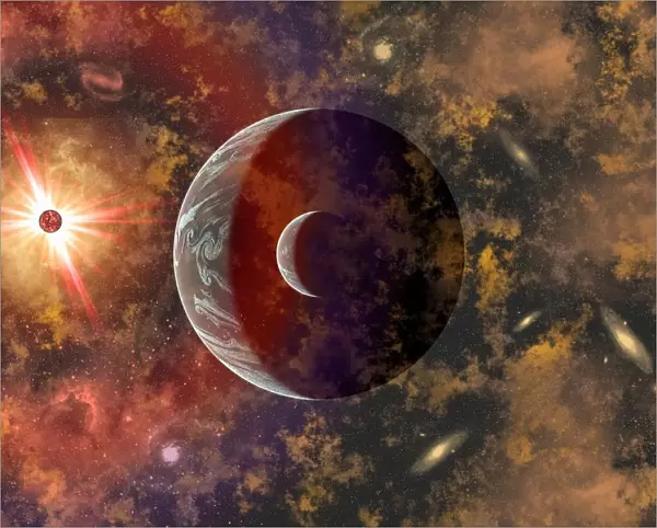 An alien planet and its moon in orbit around a red giant star