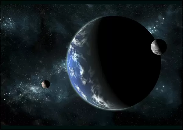 A large water covered planet with two moons alone in deep space