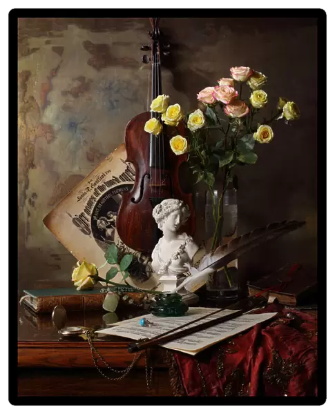 Still life with violin and bust