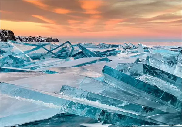 Baikal ice on sunset