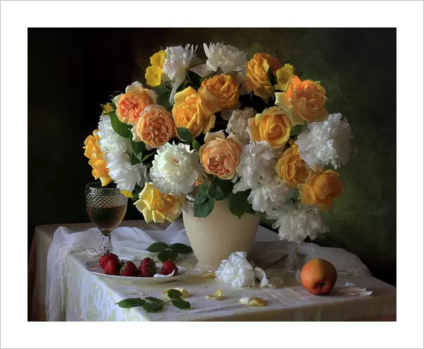 Still life with a bouquet of roses and peonies