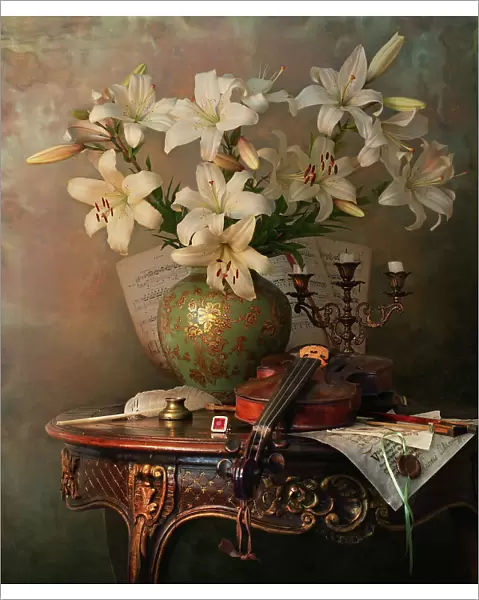 Still life with violin and lilies