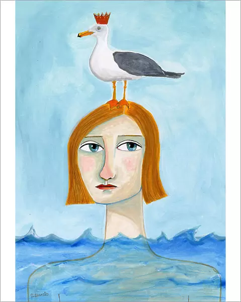 Nude Lady in Ocean with Seagull