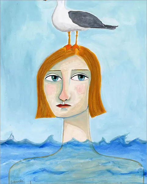 Nude Lady in Ocean with Seagull