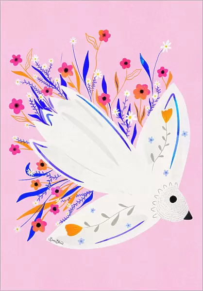 Bird in Flowers Pink illustration