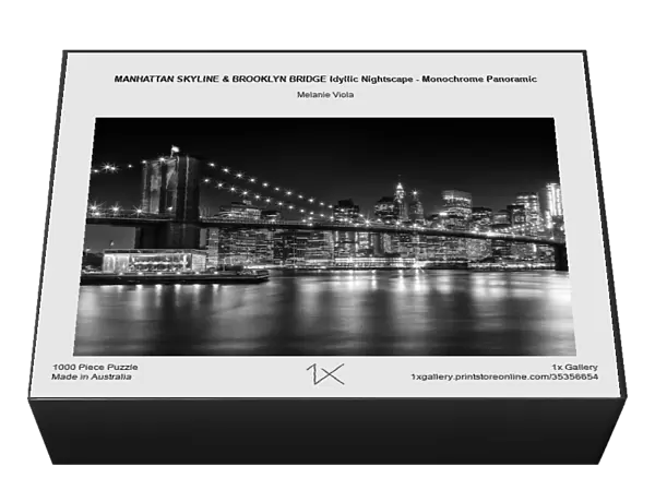 MANHATTAN SKYLINE & BROOKLYN BRIDGE Idyllic Nightscape - Monochrome Panoramic