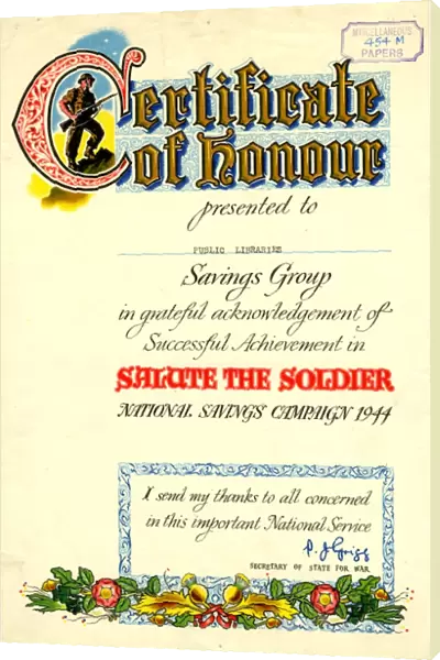 Certificate of honour presented to Public Libraries Savings Group, 1944
