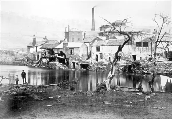 Sheffield Flood, River Don, looking towards rear of properties on Neepsend Lane, chimney belongs to Shepherd, Green and Hadfield, Neepsend Brewery, 1864