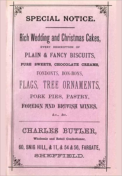 Advertisement for Charles Butlers rich wedding and Christmas cakes, plain and fancy biscuits, pure sweets, chocolaet creams, fondants, bon-bons, flags, tree ornaments, pork pies, pastry and wines, 1886