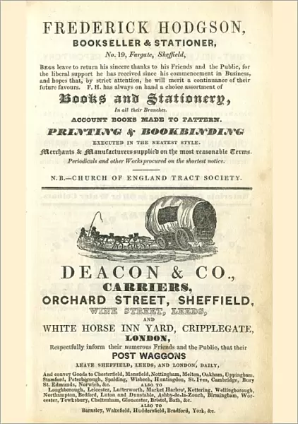 Advertisement for Frederick Hodgson, Bookseller and staioner, 19 Fargate and Deacon and Co. Carriers, Orchard Street, Sheffield, 1837