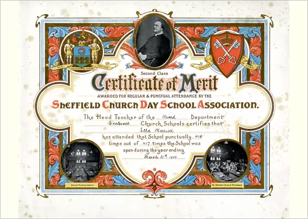 Certificate of merit awarded for regular attendance by the Sheffield Church Day School Association [awarded to Ella Marriott of Ecclesall Church School], 1903