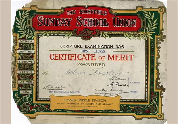 Sheffield Sunday School Union certificate of merit, 1926