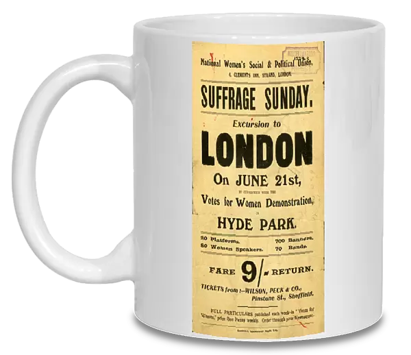 National Womens Social and Political Union - Suffrage Sunday excursion to London. Tickets from Wilson, Peck and Co. Pinstone Street, Sheffield, c. 1913