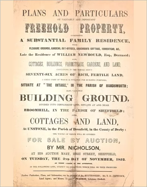 Sale particulars for valuable and important freehold property belonging to the late William Newbould, 1852