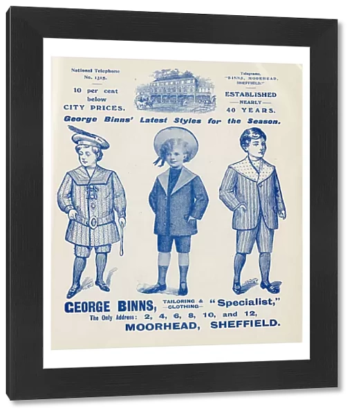 Advertisement for George Binns, tailoring and clothing, 2-12 Moorheadm Sheffield, Yorkshire - latest styles for the season, 1907