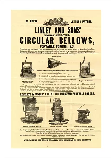 Thomas Linley and Sons, Bellows and Portable Forge Manufacturers, 1 Stanley Street, Sheffield - advertisement for circular bellows and portable forges, etc, c. 1840