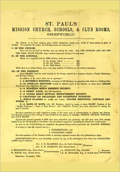 St. Pauls Mission Church, Schools and Club Room, Sheffield, Yorkshire, handbill, 1864