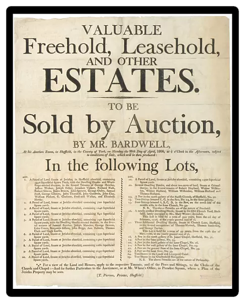 Bill announcing the sale by auction of freehold and leasehold property at Jericho, Sheffield, 1806