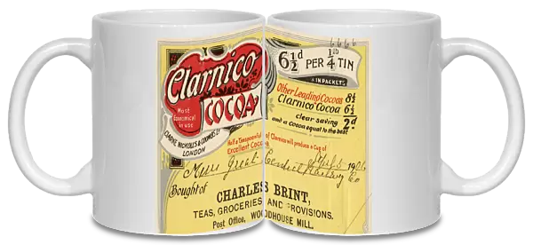 Advertisement (billhead) for Clarnico Cocoa, Charles Brint, teas, groceries and provisions, Woodhouse, 1906