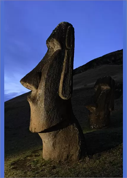Moai stone statue at dusk on the slopes of the quarry at Rano Raraku volcano, Easter