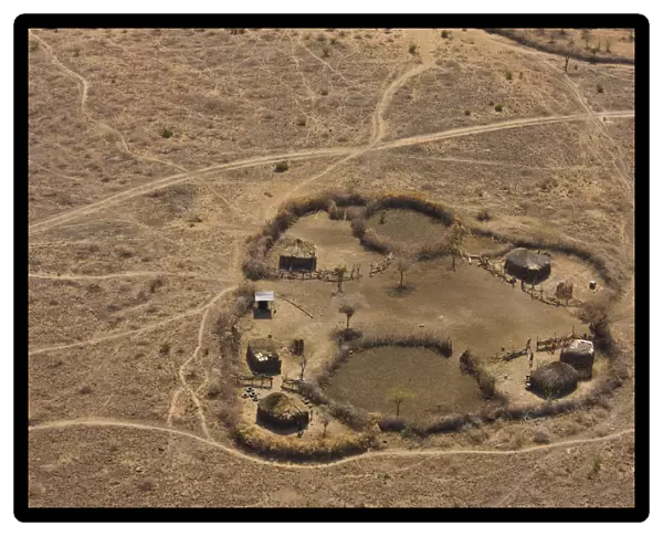 Aerial view of Msai fenced homestead, with buildings and livestock enclosures. Kenya