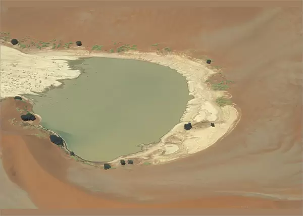 View of lake surrounded by sand dunes, with some vegetation growing around the edges