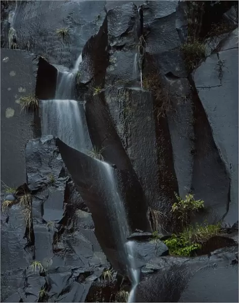 Water falling over basalt stones, Paul de Serra mountains, Madeira, March 2009