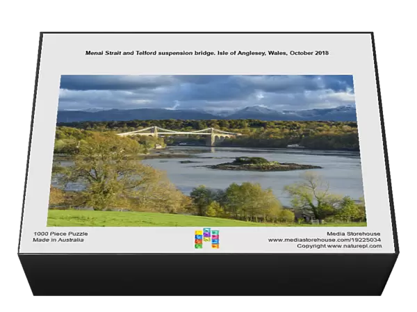 Menai Strait and Telford suspension bridge. Isle of Anglesey, Wales, October 2018