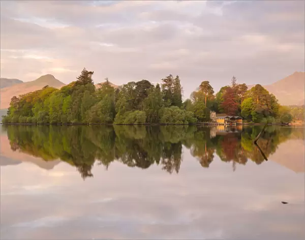 Derwentwater, posts and boathouse, early morning reflections