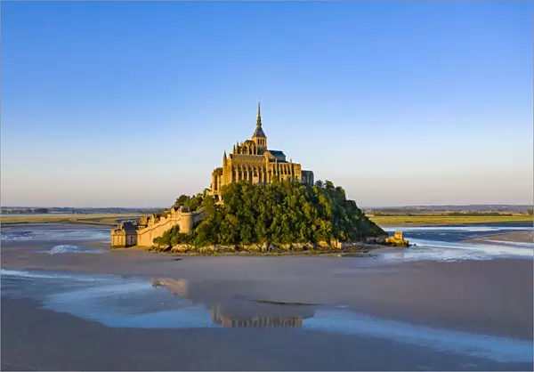Mont-Saint-Michel at low tide, Normandy, France. July 2019
