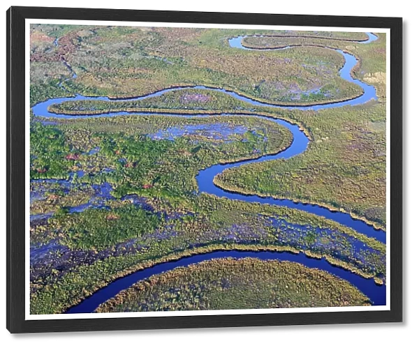 Aerial view of the Okavango Delta with meandering channels, lagoons, swamps and islands, Botswana, Africa