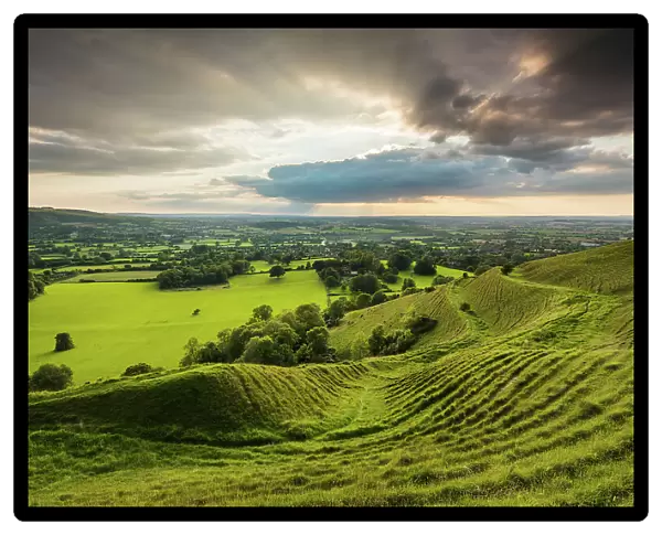 Prehistoric hill fort of Hambledon Hill above the Blackmore Vale, Dorset, England, UK, September 2015