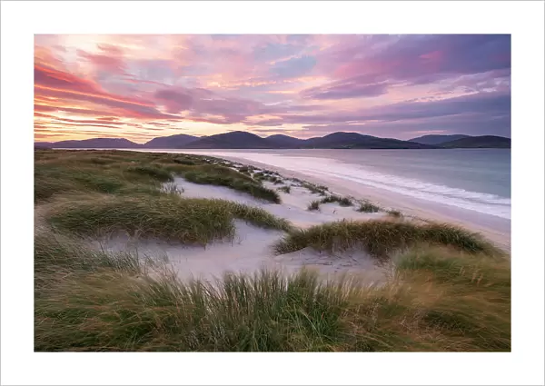 Luskentyre beach / sands, marram grasses and early morning sunlight, Isle of Harris, Outer Hebrides, Scotland, UK. October 2018