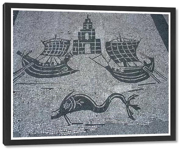 Roman mosaic of two ships, a light house, and a dolphin, 2nd century