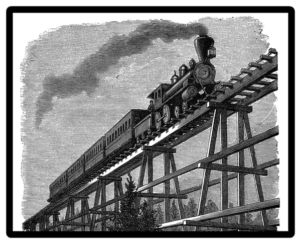Train crossing a wooden trestle bridge on the Union Pacific Railroad, Wyoming, USA, c1870