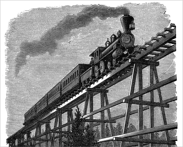 Train crossing a wooden trestle bridge on the Union Pacific Railroad, Wyoming, USA, c1870