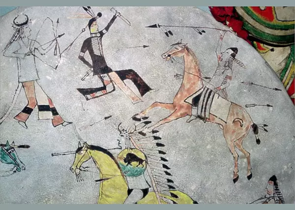 Detail of a war shield showing North American Indians in battle