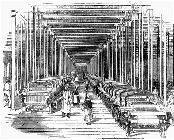 Weaving shed fitted with rows of power looms driven by belt and shafting, c1840