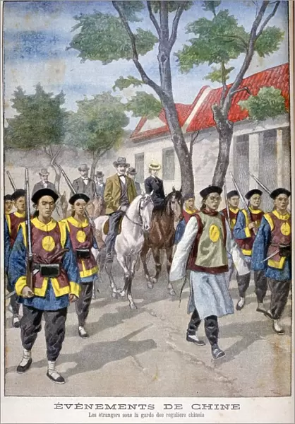 A foreigner under the guard of regular Chinese army, China, 1900. Artist: Oswaldo Tofani