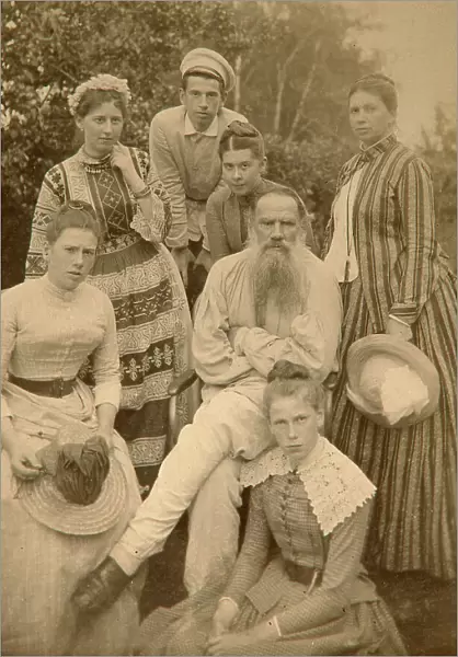 Russian author Leo Tolstoy with his family, Yasnaya Polyana, Russia, late 19th century(?). Artist: Semyon Abamalek-Lazarev