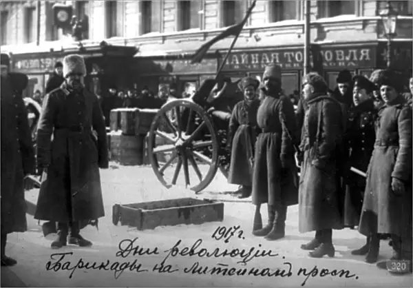 Revolutionary barricades on Liteyny Prospekt, Petrograd, Russia, 27 February 1917