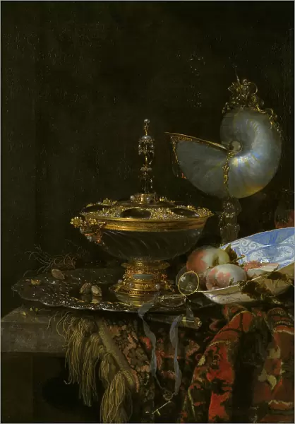 Pronk Still Life with Holbein Bowl, Nautilus Cup, Glass Goblet and Fruit Dish, 1678. Artist: Kalf, Willem (1619-1693)