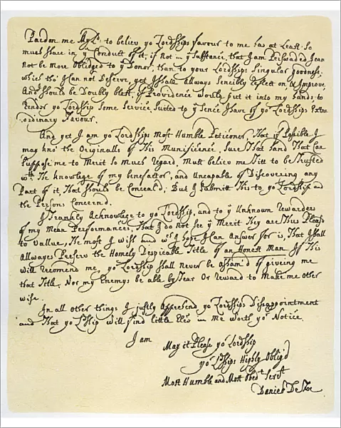 Letter from Daniel Defoe to Charles Montague, 1705. Artist: Daniel Defoe
