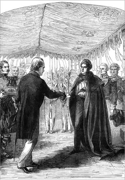 Sir Walter Scott presenting the Cross of St Andrew to King George IV, 1822