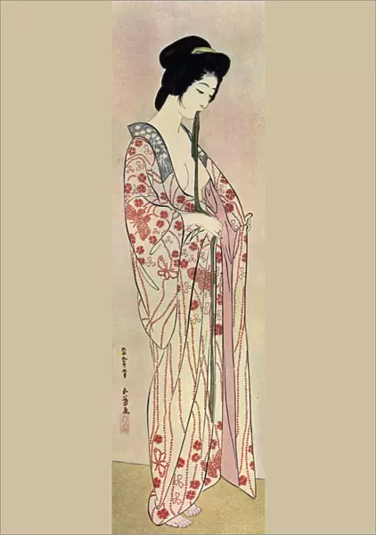 A Japanese woman wearing a nagajuban, 1920 (1930). Artist: Hashiguchi Goyo