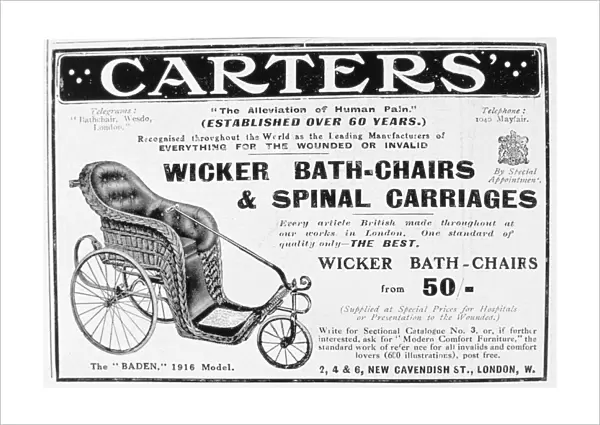 Advert for Carters wicker bath chairs and spinal carriages, 1916