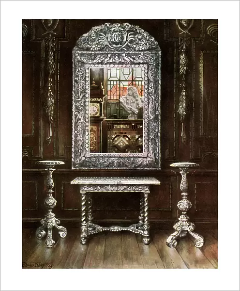 Mirror, gueridons, and table overlaid with silver plaques, 1910. Artist: Edwin Foley
