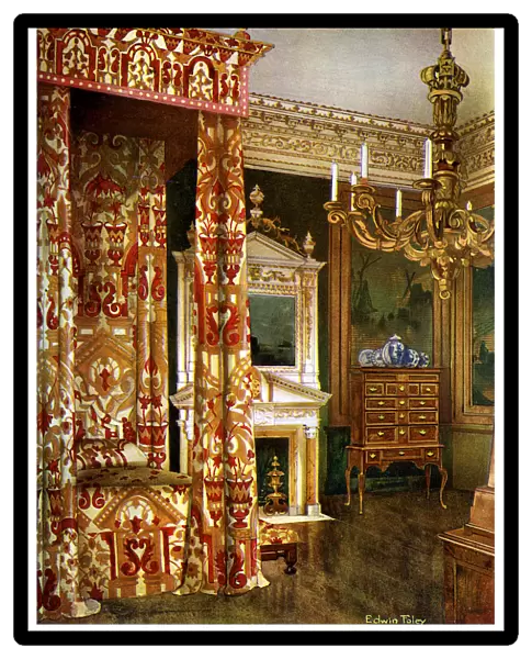 Queen Annes bed, chest of drawers upon a stand and a wooden candelabra, 1910. Artist: Edwin Foley